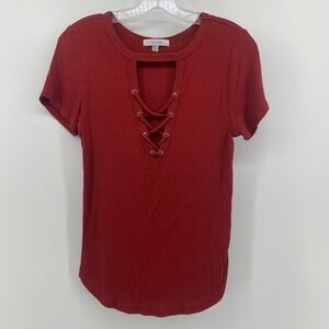Active USA Womens Ribbed Lace Up Front Short Sleeve Top Rust Red Large